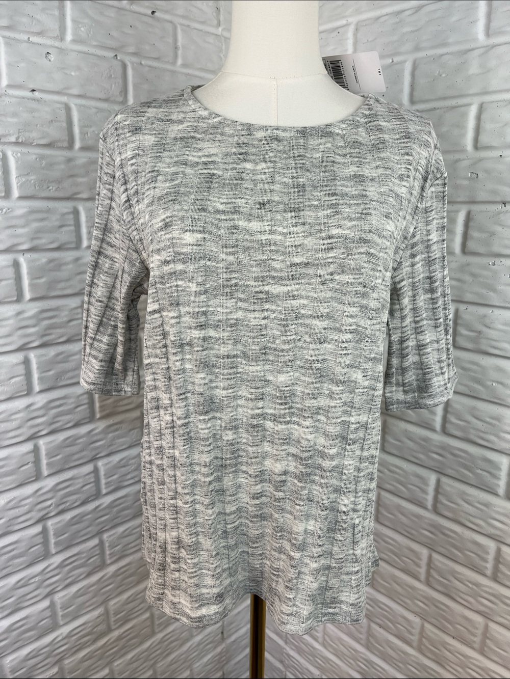 MNG BASICS MANGO SHORT SLEEVE RIB KNIT TOP SWEATER MARLED GRAY SZ SM NWT
